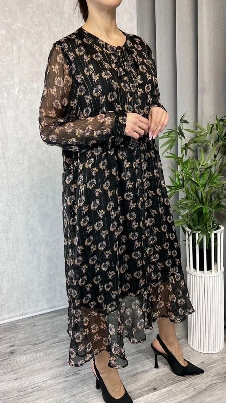 Szyfonowa sukienka w kwiaty z gumką w talii czarna women dress rozmiar 48 50 plus size 2